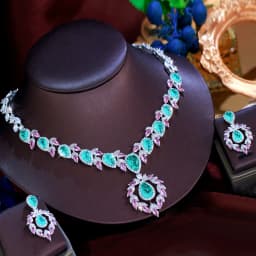ThreeGraces Luxury Shiny Pink and Green Ice Crack Design Zirconia Bridal Wedding Party Water Drop Jewelry Set for Women T1072