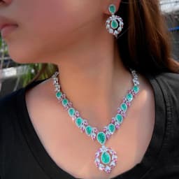 ThreeGraces Luxury Shiny Pink and Green Ice Crack Design Zirconia Bridal Wedding Party Water Drop Jewelry Set for Women T1072