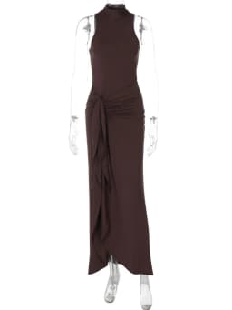 Mozision Elegant Draped Ruched Sexy Maxi Dress For Women Fashion O Neck Sleeveless Thigh High Split Club Party Long Dress Female
