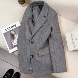 Grey Herringbone Pattern Woolen Suit Jacket for Women 2026 New Autumn Winter Retro Commuting Casual Top Female Single Breasted