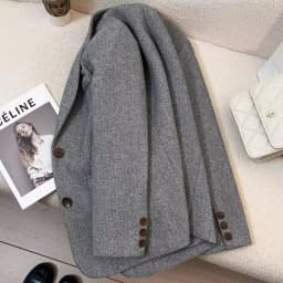 Grey Herringbone Pattern Woolen Suit Jacket for Women 2026 New Autumn Winter Retro Commuting Casual Top Female Single Breasted