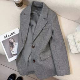 Grey Herringbone Pattern Woolen Suit Jacket for Women 2026 New Autumn Winter Retro Commuting Casual Top Female Single Breasted