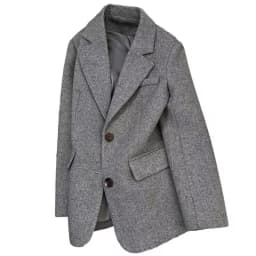 Grey Herringbone Pattern Woolen Suit Jacket for Women 2026 New Autumn Winter Retro Commuting Casual Top Female Single Breasted