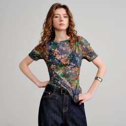 TOYOUTH Women T-Shirts 2026 Spring New Mesh Silky Printed Short Sleeve Hot Girl Style Tops