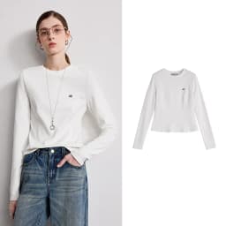 TOYOUTH Women T-Shirts 2026 Spring New Split Splicing Slim Fit Crew Neck Long Sleeve Figure Flattering Base Layer Casual Tops