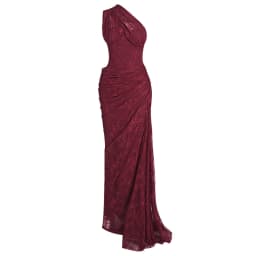 VC Elegant One-Shoulder Burgundy Lace Long Dresses for Women – Slim Fit Draped Formal Party Dress Sexy Sheer Lace Maxi Dress
