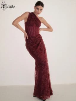 VC Elegant One-Shoulder Burgundy Lace Long Dresses for Women – Slim Fit Draped Formal Party Dress Sexy Sheer Lace Maxi Dress
