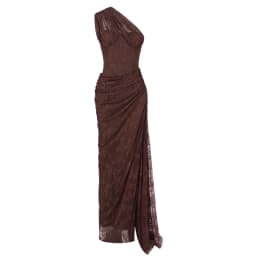 VC Elegant One-Shoulder Burgundy Lace Long Dresses for Women – Slim Fit Draped Formal Party Dress Sexy Sheer Lace Maxi Dress