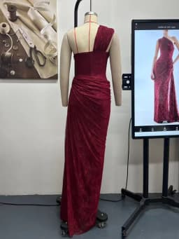 VC Elegant One-Shoulder Burgundy Lace Long Dresses for Women – Slim Fit Draped Formal Party Dress Sexy Sheer Lace Maxi Dress