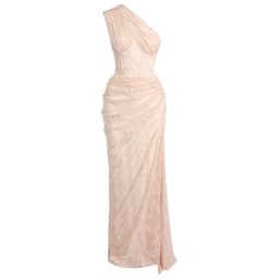 VC Elegant One-Shoulder Burgundy Lace Long Dresses for Women – Slim Fit Draped Formal Party Dress Sexy Sheer Lace Maxi Dress