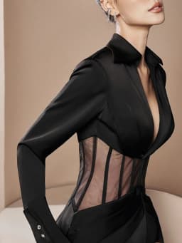 TWOTWINSTYLE Slimming Patchwork Mesh Dresses for Women V Neck Long Sleeve High Waist Mini Elegant Dress Female Fashion Clothing