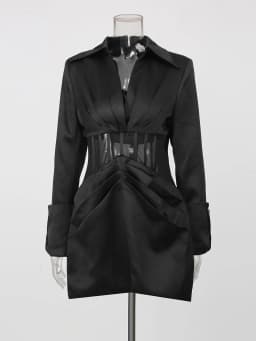 TWOTWINSTYLE Slimming Patchwork Mesh Dresses for Women V Neck Long Sleeve High Waist Mini Elegant Dress Female Fashion Clothing