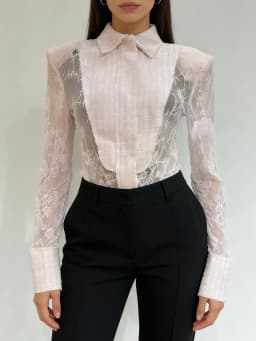 TWOTWINSTYLE Slimming Sheer Spliced Lace Sexy Shirt for Women Lapel Long Sleeves Tunic Patchwork Hot Fix Shirts Female Clothing