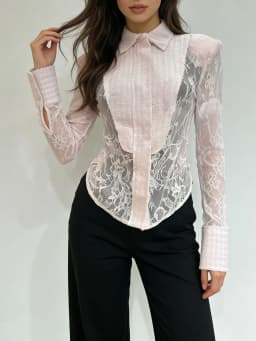 TWOTWINSTYLE Slimming Sheer Spliced Lace Sexy Shirt for Women Lapel Long Sleeves Tunic Patchwork Hot Fix Shirts Female Clothing