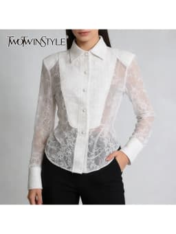 TWOTWINSTYLE Slimming Sheer Spliced Lace Sexy Shirt for Women Lapel Long Sleeves Tunic Patchwork Hot Fix Shirts Female Clothing