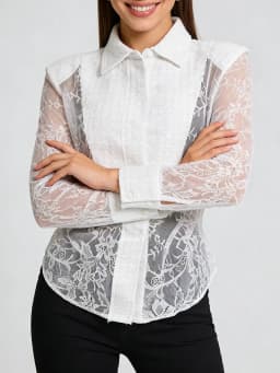 TWOTWINSTYLE Slimming Sheer Spliced Lace Sexy Shirt for Women Lapel Long Sleeves Tunic Patchwork Hot Fix Shirts Female Clothing