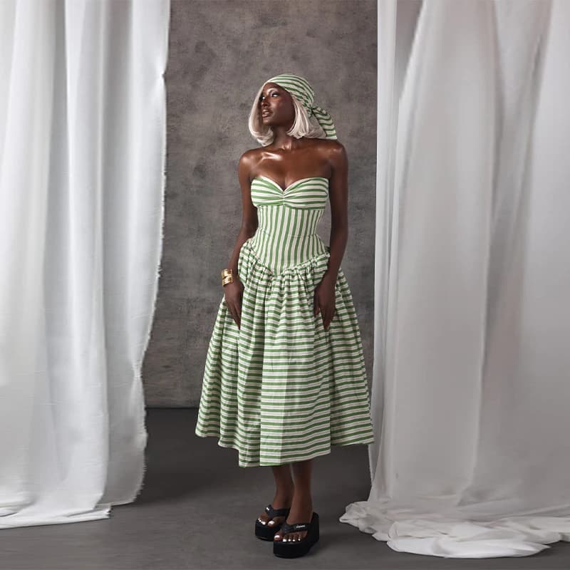 Fresh Vacation Dress Striped Vintage Strapless Slim Fit Dresses Women Beach Chic Female Stylish Elegant Summer Cute Outfit