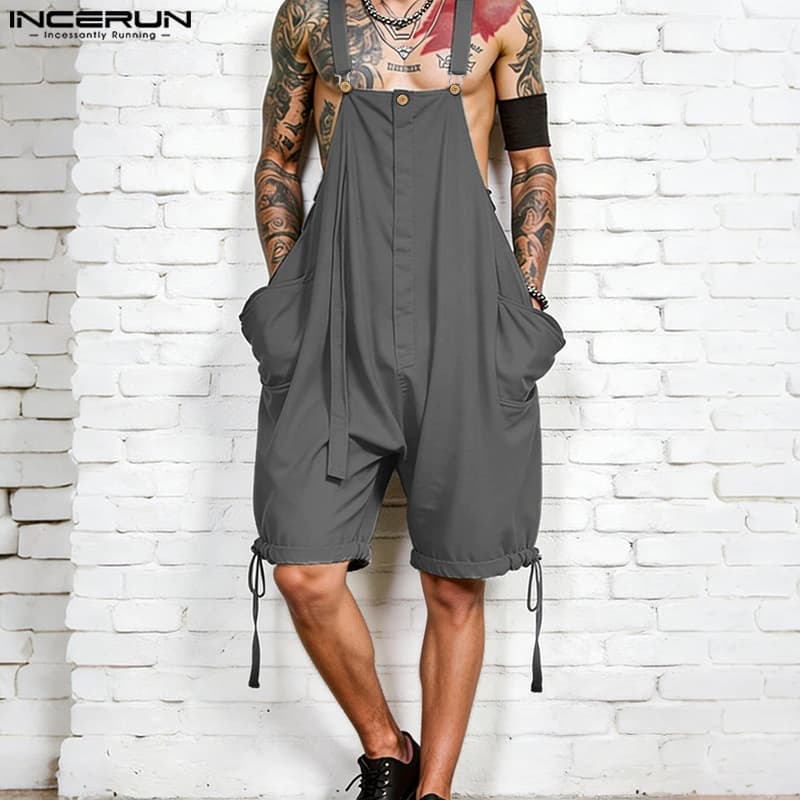 INCERUN Men's Jumpsuits Solid Color Pockets Suspender Rompers For Man Loose 2026 Summer Straps Overalls Wide Leg Shorts S-5XL