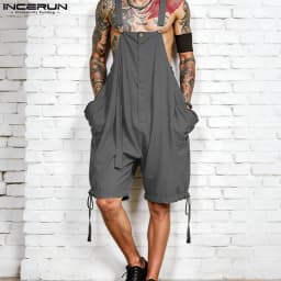 INCERUN Men's Jumpsuits Solid Color Pockets Suspender Rompers For Man Loose 2026 Summer Straps Overalls Wide Leg Shorts S-5XL