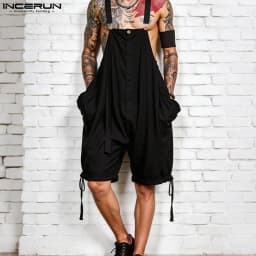 INCERUN Men's Jumpsuits Solid Color Pockets Suspender Rompers For Man Loose 2026 Summer Straps Overalls Wide Leg Shorts S-5XL