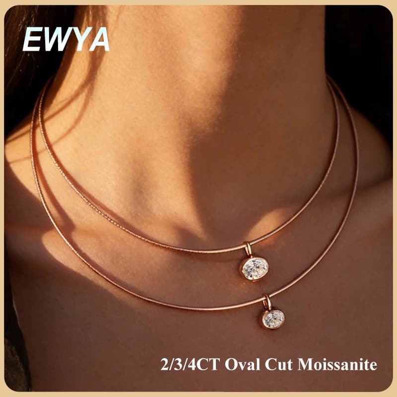 EWYA Oval Cut 2/3/4ct Solitaire Moissanite Pendant Necklaces Women Wedding S925 Silver 1.5mm Solid Choker Big Diamond Neck Chain