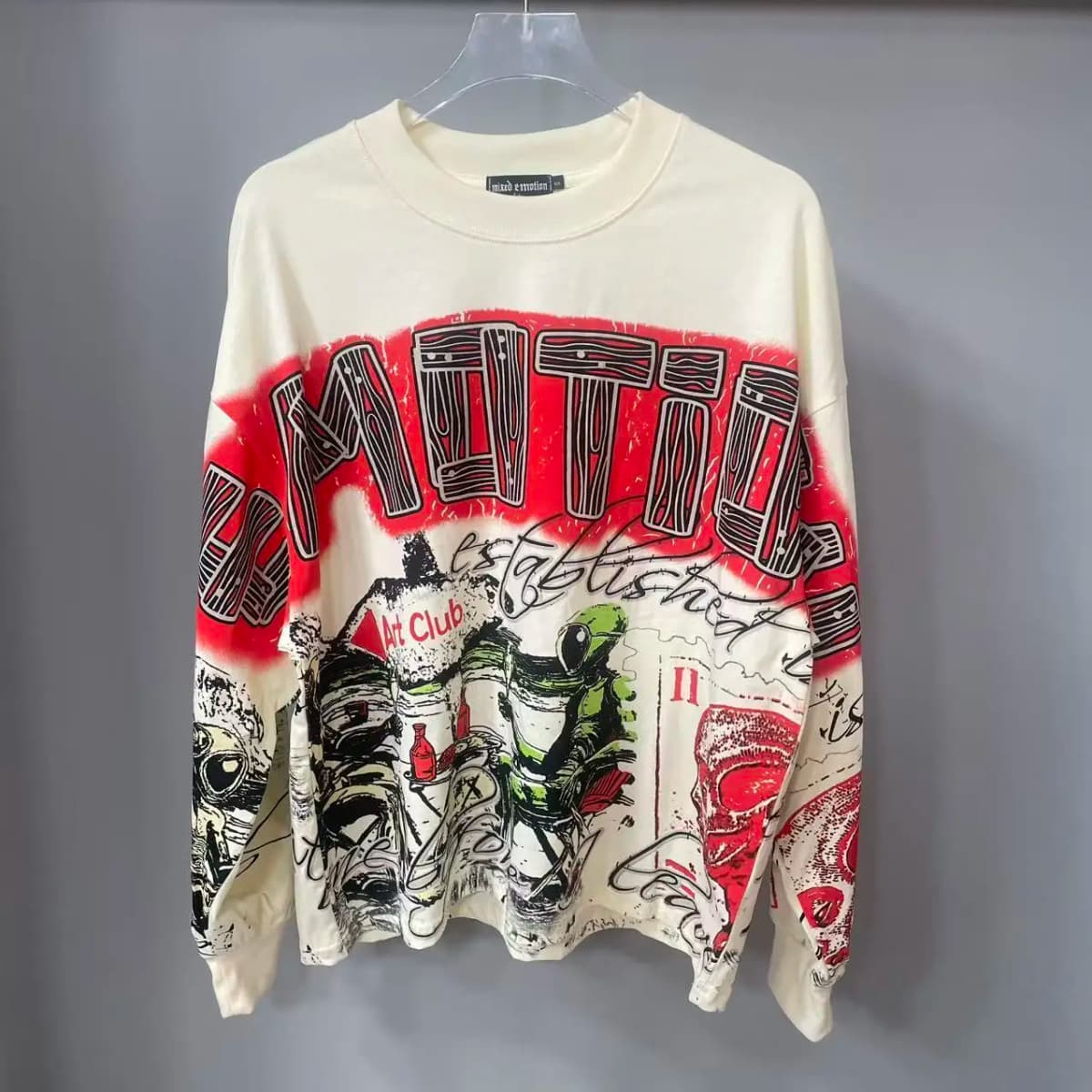 High Quality Designer MIXED-EMOTION Long sleeved T-shirt 100% cotton men's and women's Vintage Printed and hotfix rhinestone High Street Trendy Fashion Hip Hop T-shirt hoodie sweatshirt Pullover