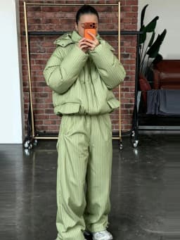 Women Striped Hooded Puffer Two Piece Outfit Oversized Cropped Jacket Baggy Pants Set Daily Outdoor Fashion Matching Outfit