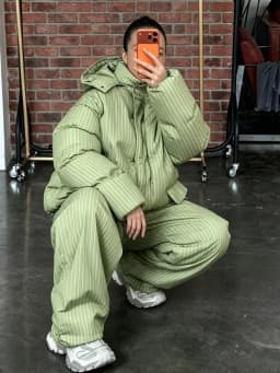 Women Striped Hooded Puffer Two Piece Outfit Oversized Cropped Jacket Baggy Pants Set Daily Outdoor Fashion Matching Outfit
