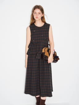 FSLE Asymmetrical Ruffled Plaid Dress New Spring 2026 Style Sleeveless Round Neck Korean Style Dress Sweet Citywalk