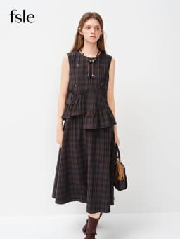 FSLE Asymmetrical Ruffled Plaid Dress New Spring 2026 Style Sleeveless Round Neck Korean Style Dress Sweet Citywalk