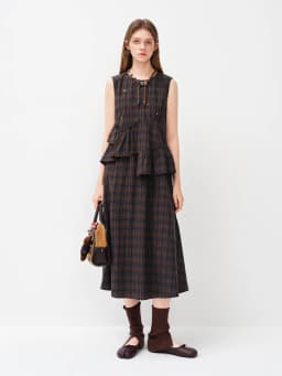 FSLE Asymmetrical Ruffled Plaid Dress New Spring 2026 Style Sleeveless Round Neck Korean Style Dress Sweet Citywalk