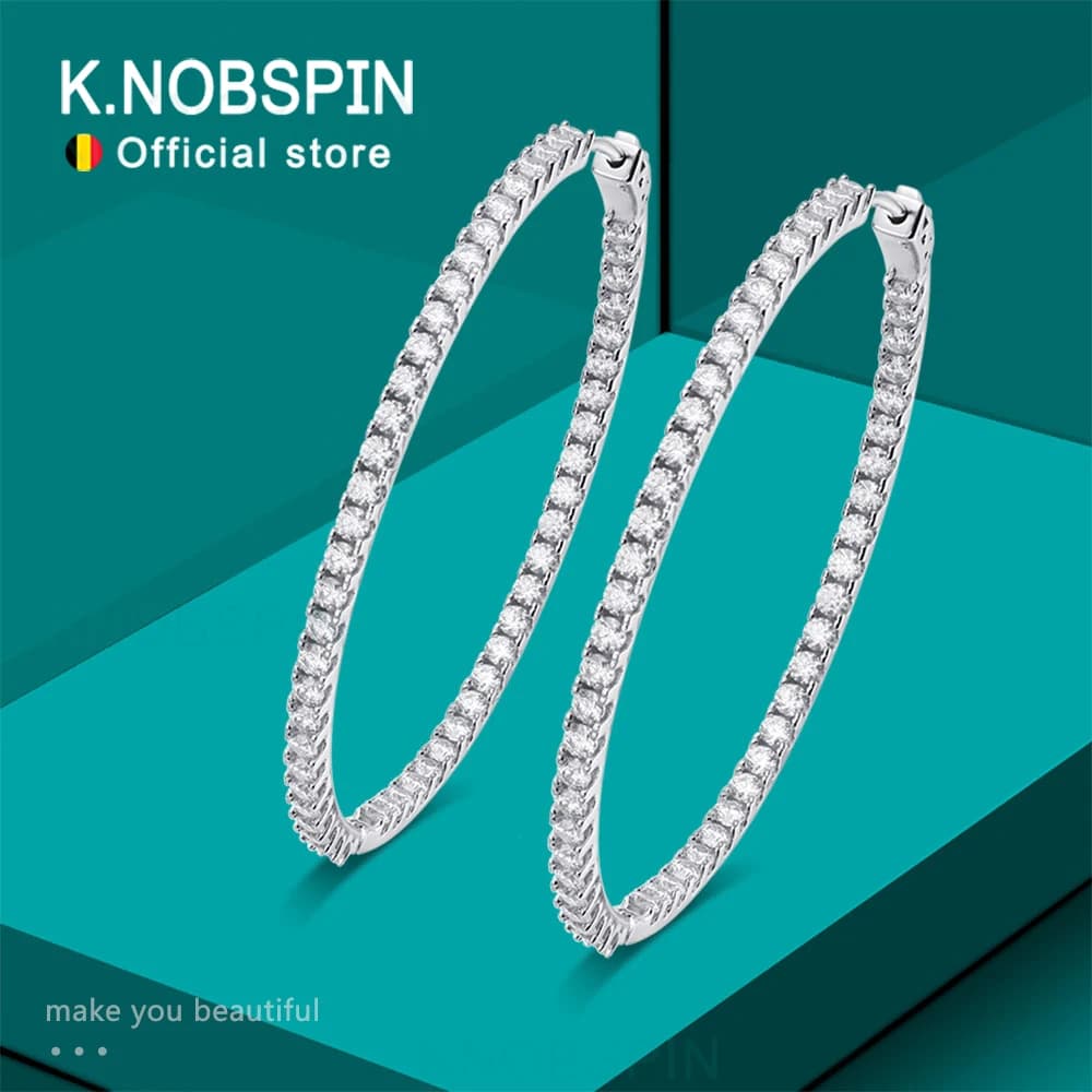 KNOBSPIN D VVS All Moissanite Earring 925 Sterling Silver Plated 18k White Gold with GRA Wedding Diamond Hoop Earrings for Women