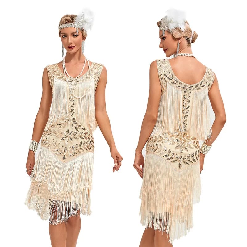 Europe America1920 Retro Gatsby Women's Clothing Dress Dance Dress Round Neck Sequins Beaded Tassel Vest Ball Dress Dance Skirt