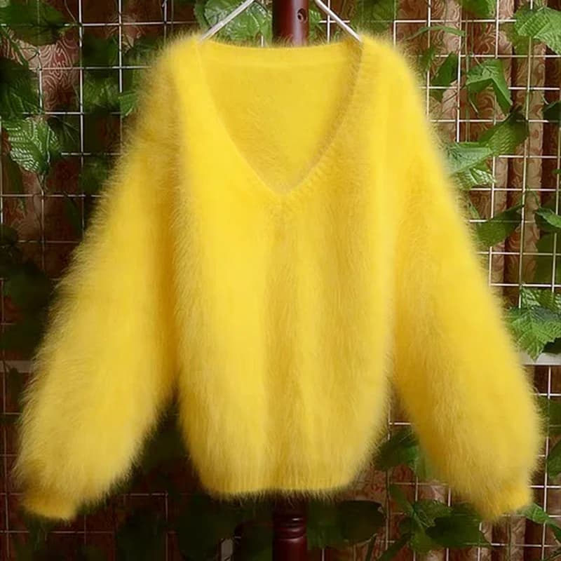 Women Mujer Autumn Winter Clothing Hairy Plush Mink Cashmere Knitted Three Quarter Sleeves O-Neck Loose Pullover Sweater Jumper