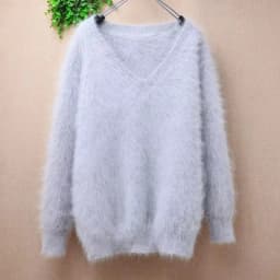 Women Mujer Autumn Winter Clothing Hairy Plush Mink Cashmere Knitted Three Quarter Sleeves O-Neck Loose Pullover Sweater Jumper