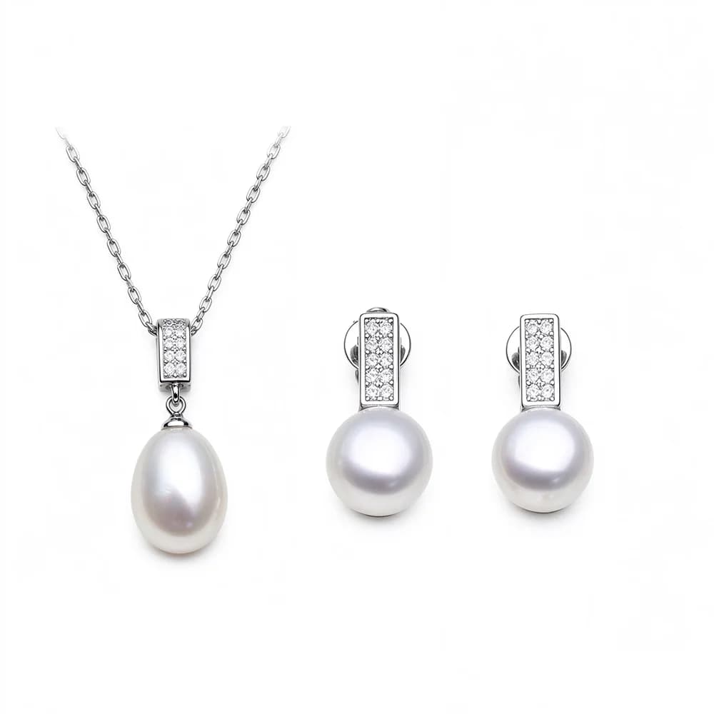 Real Natural Freshwater Pearl Necklace and Earrings Set Woman,Trendy 925 Silver Pearl Jewelry Set Mother's Day Gift White