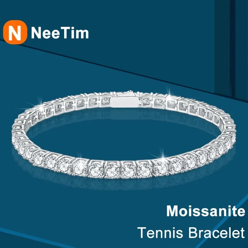 NeeTim 3mm 4mm 5mm 6.5mm Moissanite Tennis Bracelet Original S925 Sterling Silver Sparkling Bracelets for Women Men Hand Chains