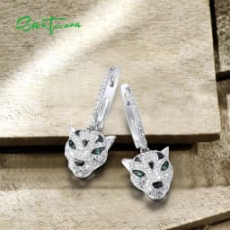 SANTUZZA Pure 925 Silver Dangling Earrings For Women Sterling Silver Sparkling Green Spinel White CZ Animal Fine Chic Jewelry
