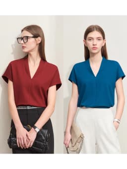 AMII Minimalism 2026 Summer Women's T-shirt Classic Style Casual V-neck Short Sleeve Solid Stretch Female Tops & Tees 12312013