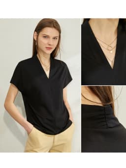 AMII Minimalism 2026 Summer Women's T-shirt Classic Style Casual V-neck Short Sleeve Solid Stretch Female Tops & Tees 12312013