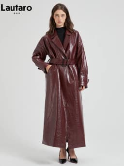 Lautaro Spring Autumn Extra Long Burgundy Pu Leather Trench Coat for Women with Belt Elegant Luxury Designer Maxi Overcoat 2024