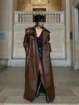 Lautaro Spring Autumn Extra Long Black Pu Leather Trench Coat for Women with Back High Slit Luxury Chic European Fashion 2024