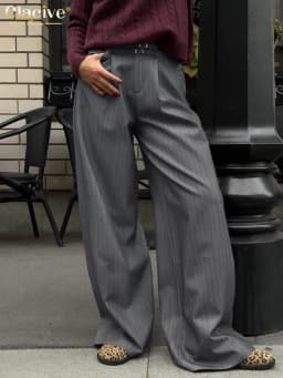 Clacive Fashion Loose Gray Stripe Women's Pants 2025 Elegant High Waist Wide Trousers Vintage Classic Full Length Pants Female