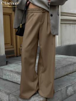 Clacive Fashion Loose Gray Stripe Women's Pants 2025 Elegant High Waist Wide Trousers Vintage Classic Full Length Pants Female