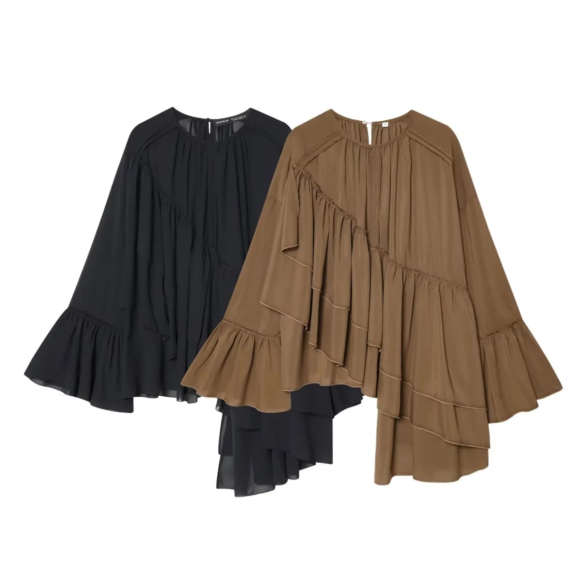 2027 Spring Autumn Women's Vintage Loose Oversized Ruffles Tierred Shirts Lady Elegant Black Brown O-neck Street Layered Blouses