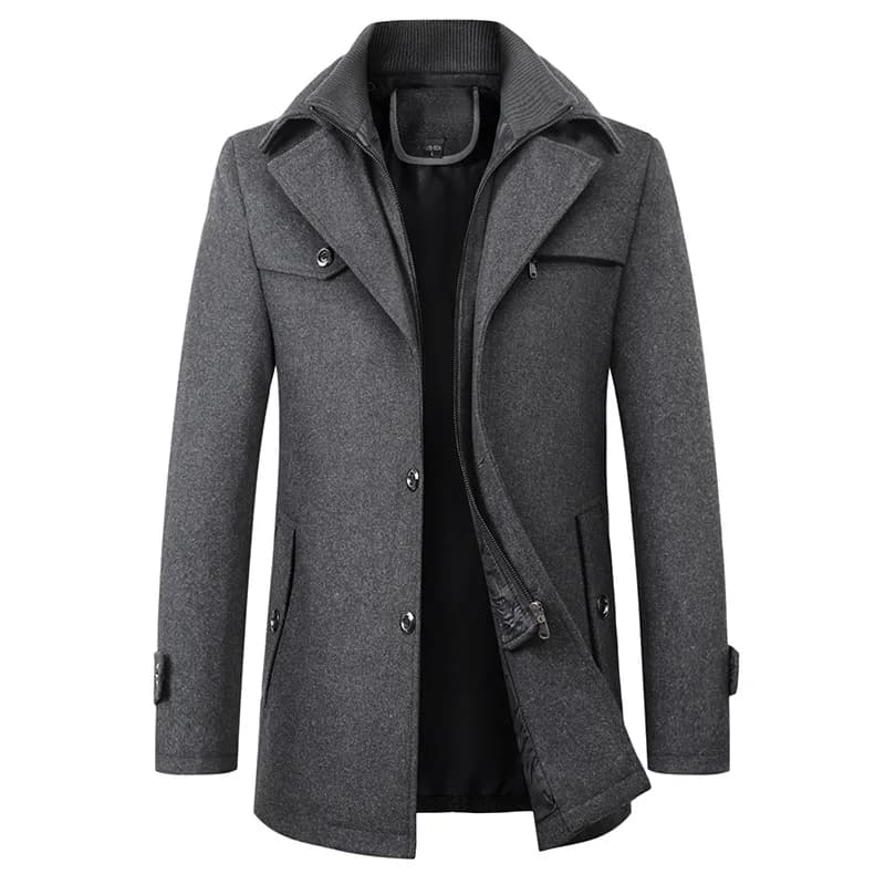 2026 Autumn Winter Men's Double Collar Woolen Coat Medium Length Style Casual Cotton Thickened Warm Outdoor Pure Color Coat