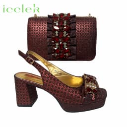 2026 Elegant Women's Peep Toe Heels and Matching Fuchsia Color Diamond Pumps Set Stylish Italian Shoes and Bags for Parties