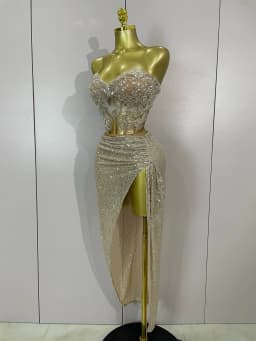 Sparkly Sequin Beading Sexy Strapless Two Pieces Set Women Evening Celebrate Nightclub Party Luxury Birthday Dress Stage Costume