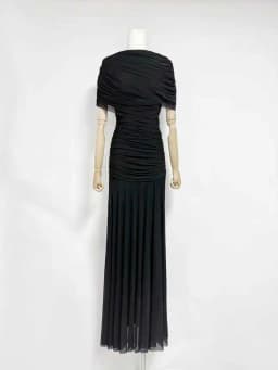 VGH Luxury Galas Event Black Sheer Mesh Ruched Maxi Dress for Women O Neck Short Sleeves Bodycon Silhouette Skirt for Red Carpet