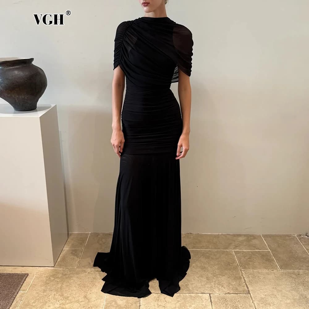 VGH Luxury Galas Event Black Sheer Mesh Ruched Maxi Dress for Women O Neck Short Sleeves Bodycon Silhouette Skirt for Red Carpet